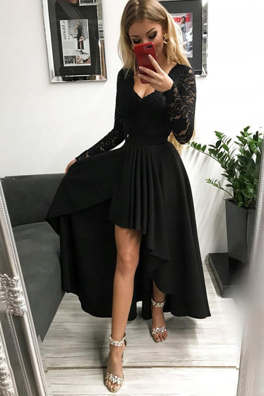 Black V-neck Lace Backless High and Low Hem Evening Dress