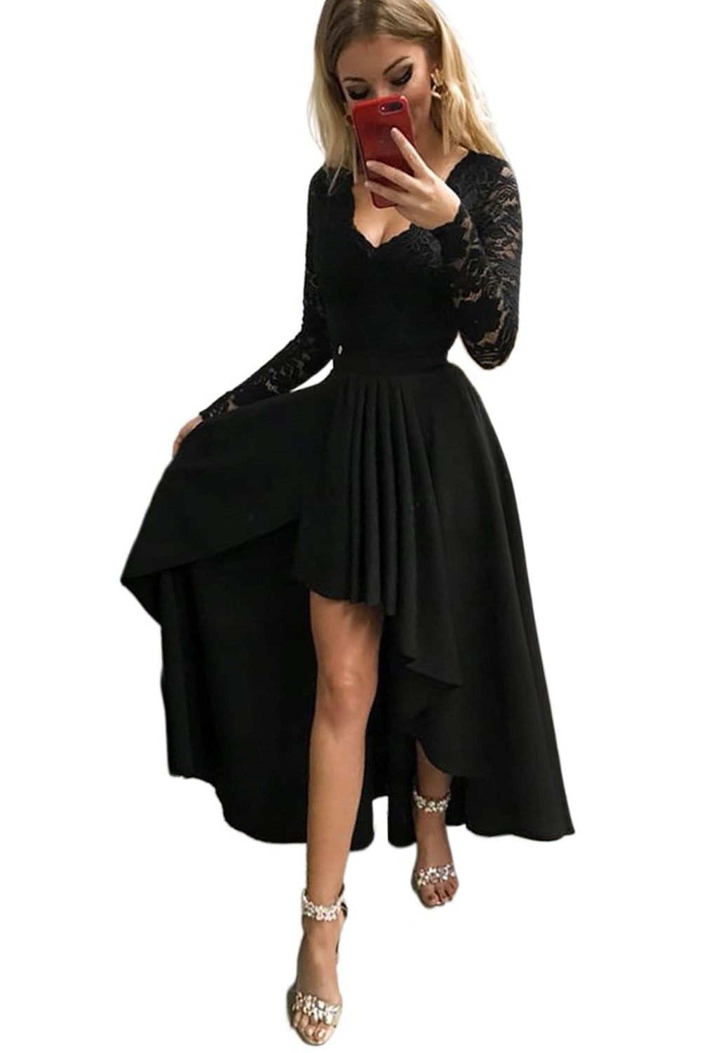 Black V-neck Lace Backless High and Low Hem Evening Dress