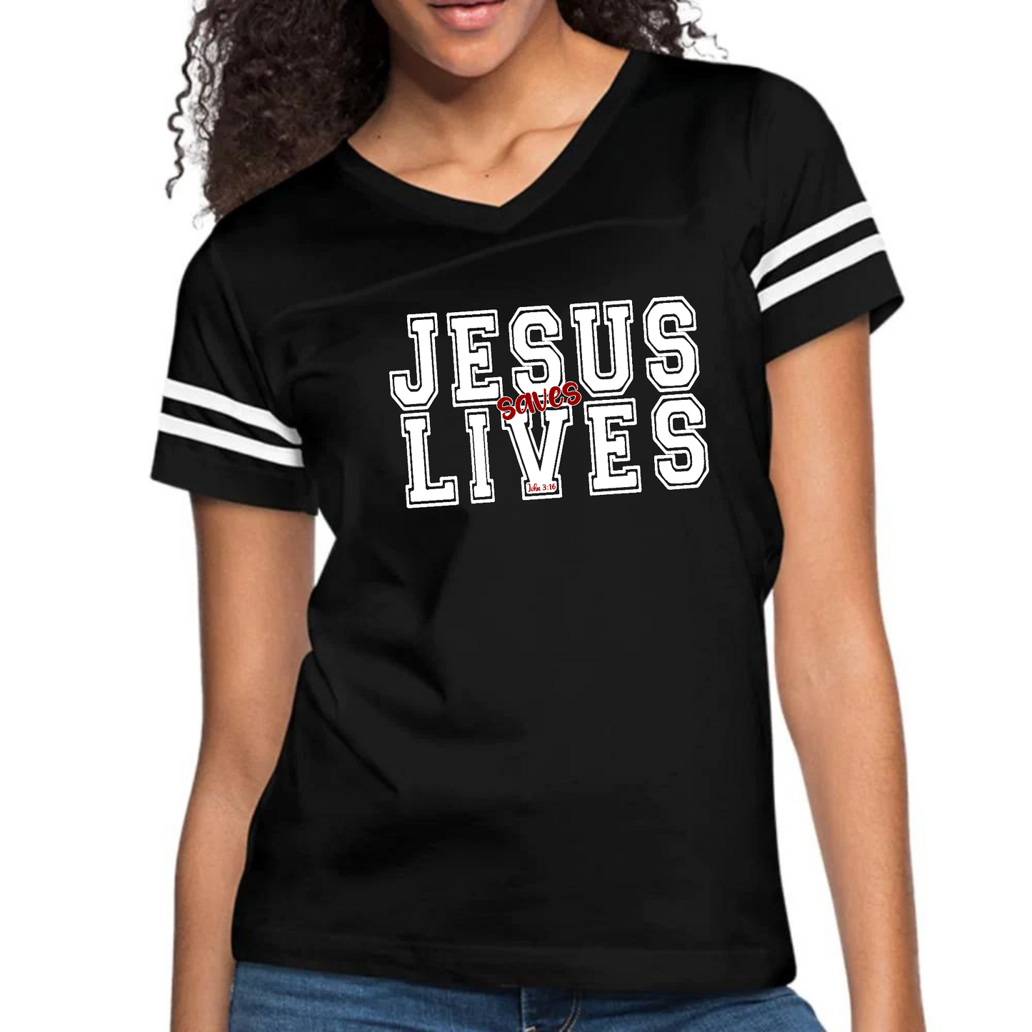 Womens Vintage Sport Graphic T-shirt - Jesus Saves Lives White Red